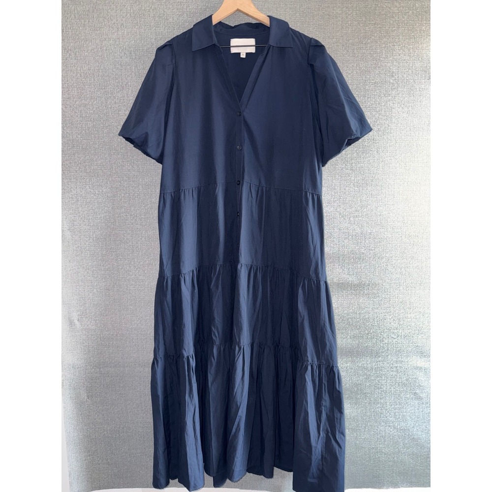 NWT Brochu Walker XL Havana Dress Navy Tiered Puff Sleeve Cotton Poplin